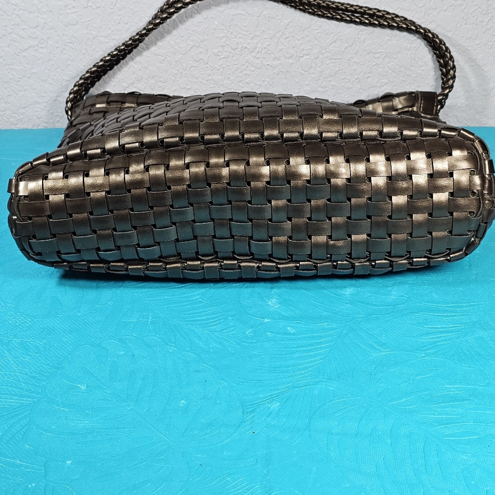 NINE WEST Woven Shoulder Tote Faux Leather Braided Shoulder Handbag Purse Bronze - Picture 6 of 15